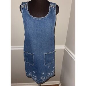 Vtg  Eric Charles Overall Jean Jumper Dress Cottagecore Embroidered Butterfly L